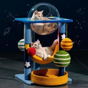 Cat Tower with Hanging Beds and Colorful Planets